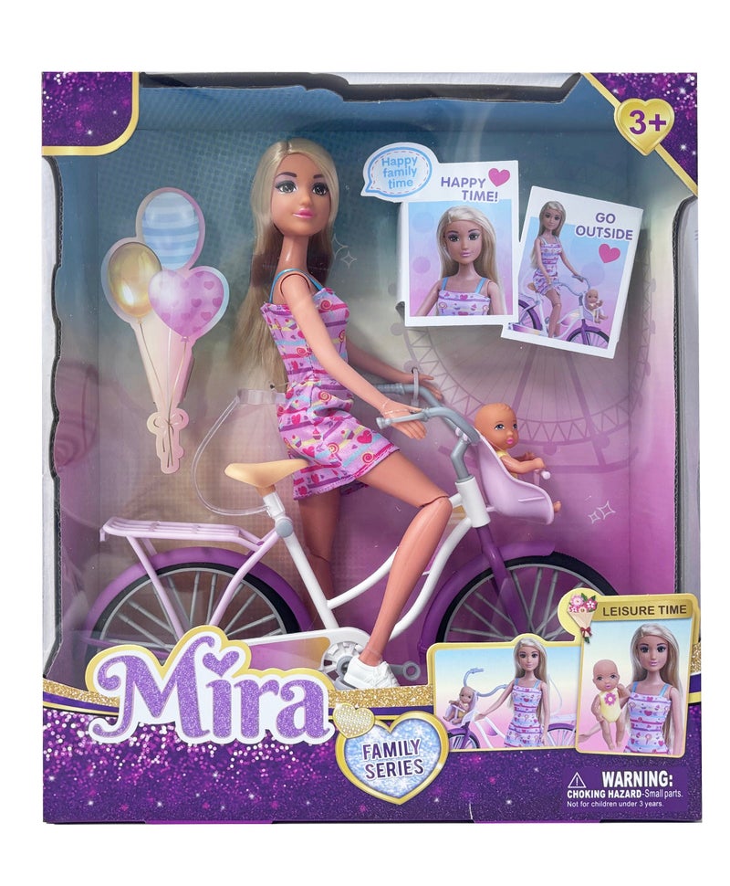 Mira Doll with Bicycle and Baby Playset – 11.5 Inch Fashion Doll Riding Bicycle with Baby Doll | Girls Toys 3+ - Image 1